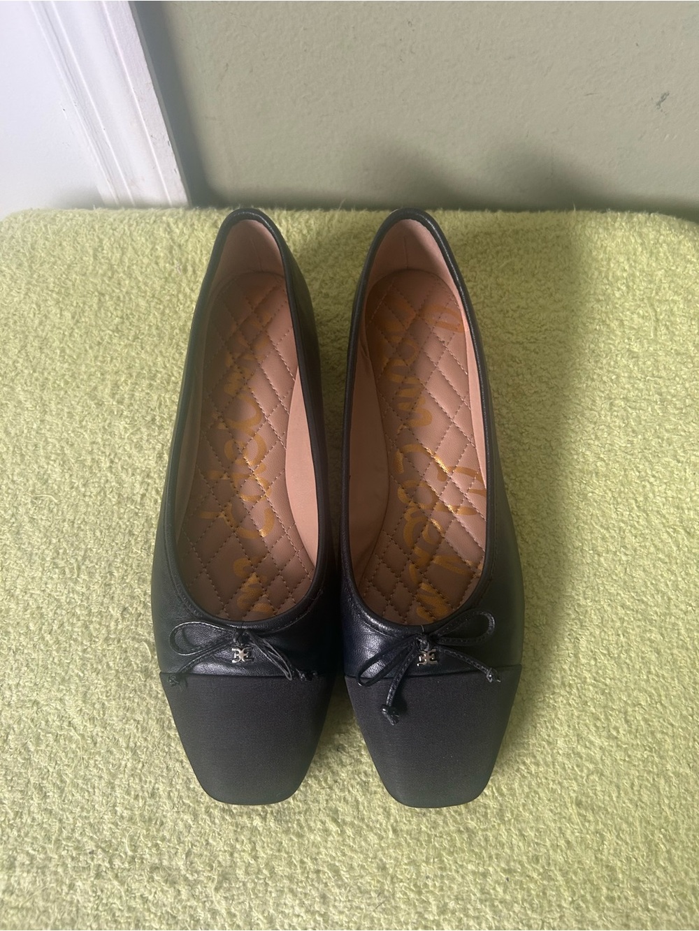 Sam Edelman Black Leather Square-Toe Ballet Flats with Bow